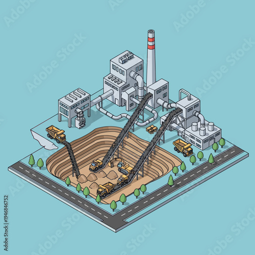 Industrial Factory Complex with Machines and Chimney.