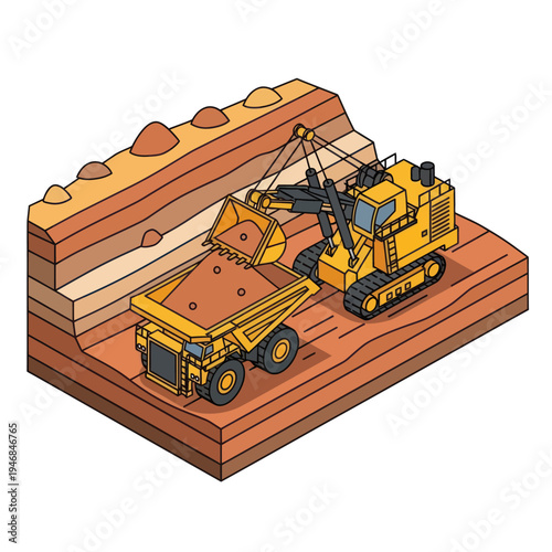 Yellow Excavator and Dump Truck Mining.
