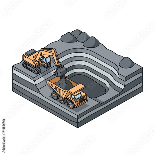 Heavy Machinery Excavator and Dump Truck.