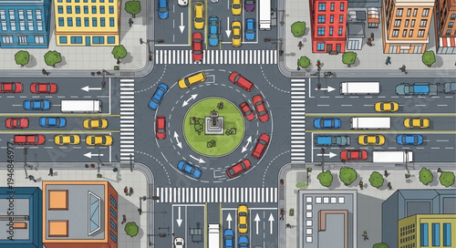 Aerial View of City Roundabout with Traffic and Buildings.