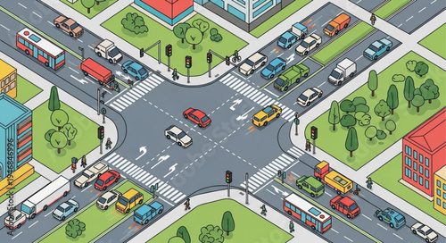 Aerial View of a Busy City Intersection with Cars and Buildings.