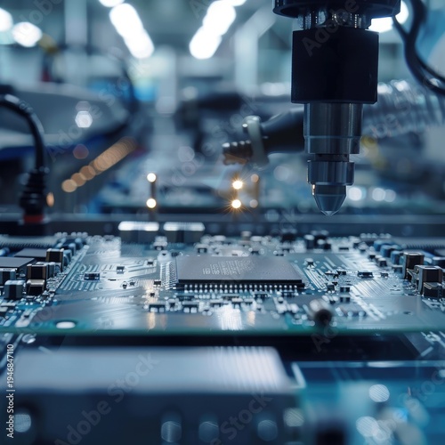 Automated robotic arm placing components on a circuit board in a high-tech manufacturing facility.