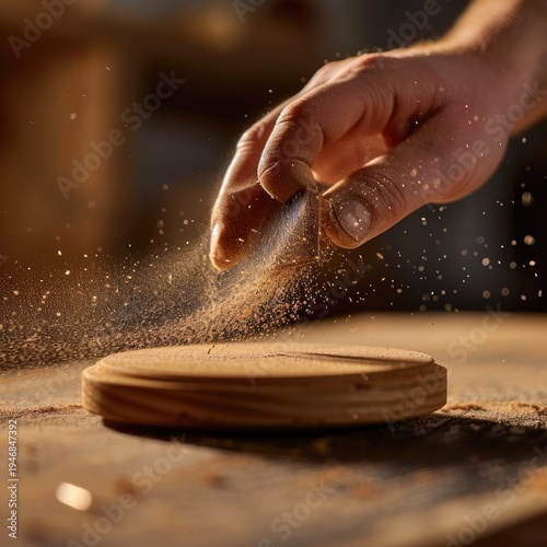 Close-up of a hand sprinkling sawdust over a wooden disc in a workshop, illuminated by a warm light.