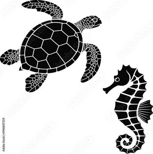 Black and white turtle and seahorse sea creatures d
