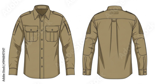Tactical Long Sleeve Shirt Front and Back View Illustration.