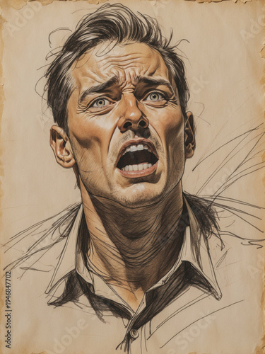 Distressed man looks upward with a wide-mouthed expression of shock or terror. Detailed vintage-style sketch features intense facial lines and messy hair on parchment paper.