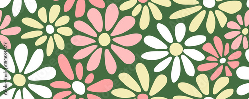 Seamless pattern with groovy daisy flowers on green. Hippie retro style floral print. Great for fabric, textiles, wrapping paper