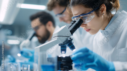 Scientists in lab coats examine samples through microscopes closely