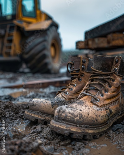 Mud-splattered work boots on a construction site with heavy machinery in the background.