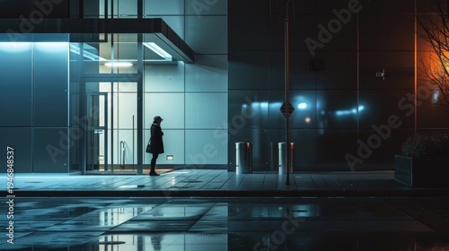 Silhouette of a person standing outside a modern building at night, reflecting on wet ground.