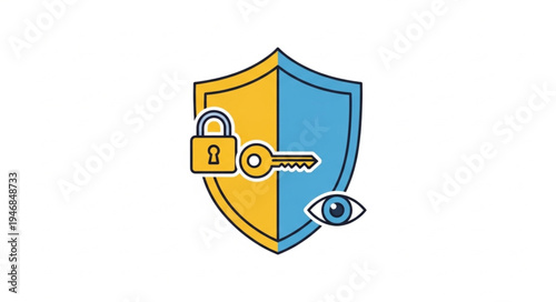 Security Shield with Lock, Key, and Eye - Data Protection Concept.