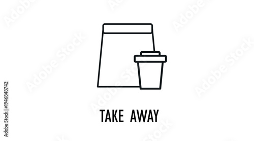 Simple black line take away icon with paper bag and coffee cup, minimalist food delivery and takeaway drink vector symbol isolated on white background, restaurant pickup concept.