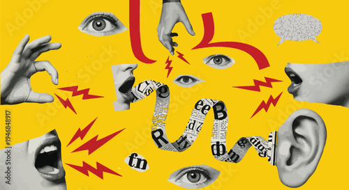 Creative fake news vintage collage design with halftone lips eyes and hands retro newspaper cutouts torn paper textures for poster banner