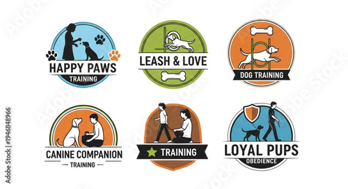 Collection of dog training logo designs featuring dogs and trainers in various poses.