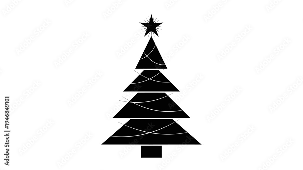 Fototapeta premium Minimalist Black Christmas Tree Silhouette with Star and Twinkling Lights on White Background