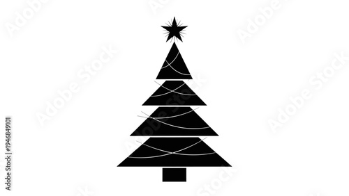Minimalist Black Christmas Tree Silhouette with Star and Twinkling Lights on White Background
