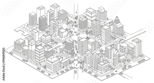 Detailed Cityscape Sketch - Urban Landscape with High-Rise Buildings.