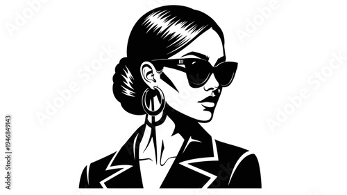 Elegant Woman Portrait, Stylish Sunglasses, Hoop Earrings, Blazer, Black and White Vector Art