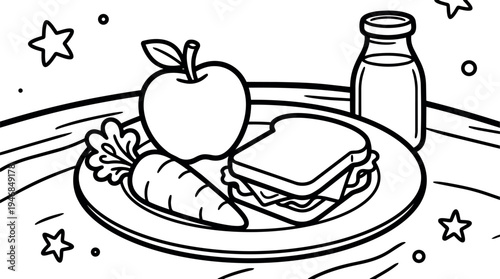 Black and white line art of healthy lunch plate with apple carrot sandwich and glass bottle of milk on wooden table