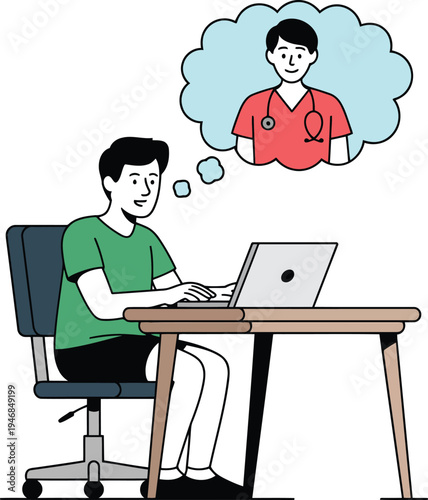 A man sitting at a desk with a laptop thinks of a doctor