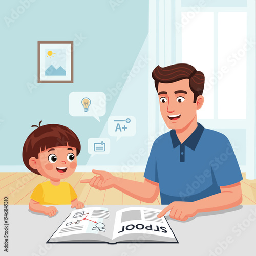 Father teaching son with book.