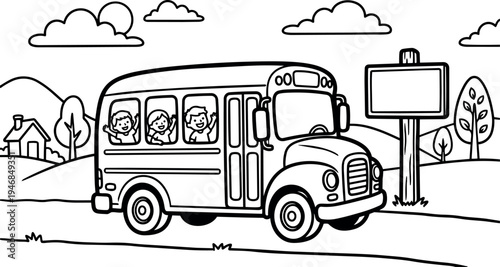 Black and white line art children waving inside classic school bus on countryside road with blank signboard and house background