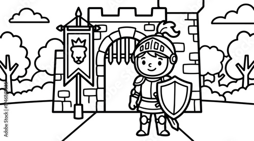 Black and white line art smiling knight holding shield standing in front of castle gate with lion banner and trees background