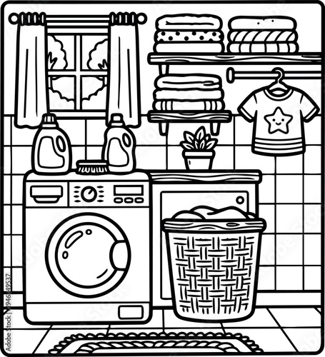 Black and white line art laundry room with washing machine clothes basket folded towels hanging shirt and window view