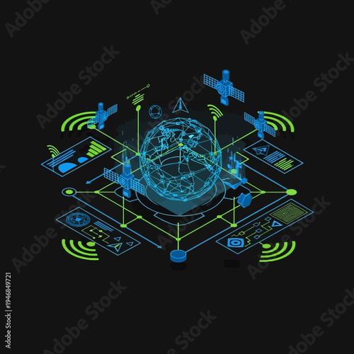 Isometric illustration of a global network with satellites, data, and interconnected systems.