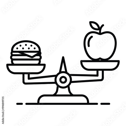 Black and white line drawing of hamburger versus apple on balanced scales icon