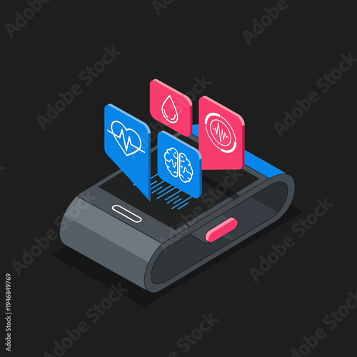 Isometric illustration of a smartwatch displaying health and wellness data.