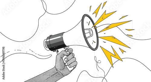 Creative Media Announcement Concept with Megaphone and Podcast Microphone Trendy Halftone Collage Illustration