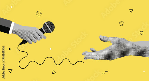 Creative Trendy Collage Megaphone and Vintage Microphone with Audio Wave Podcast Broadcast Communication Concept
