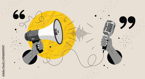 Creative Trendy Collage Megaphone and Vintage Microphone with Audio Wave Podcast Broadcast Communication Concept