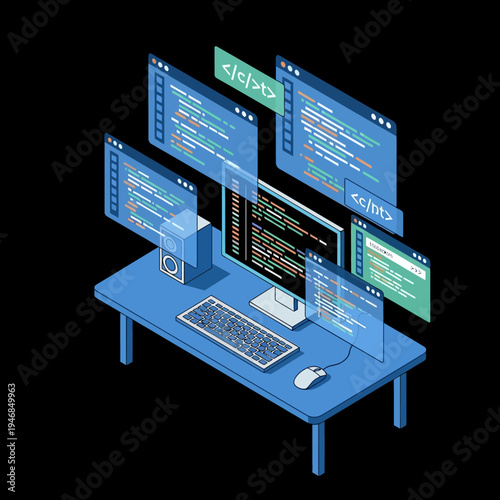 Isometric illustration of a programmer's workspace with multiple coding windows and a computer.