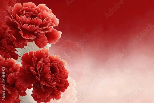 Red carnation flowers with detailed petals on a soft gradient background, close-up of blooming blossoms for floral decoration and natural beauty concept.