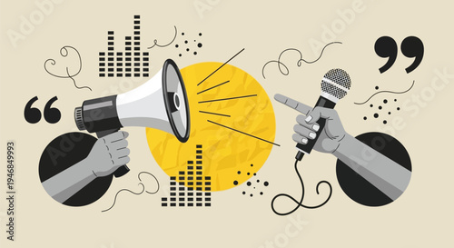 Trendy Halftone Collage Megaphone and Podcast Microphone with Sound Wave Communication Concept Modern Media Illustration