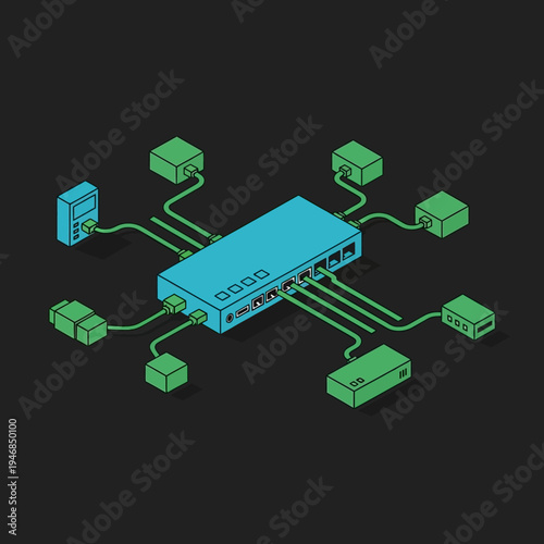 Isometric illustration of a network switch connecting various electronic devices for data transfer.