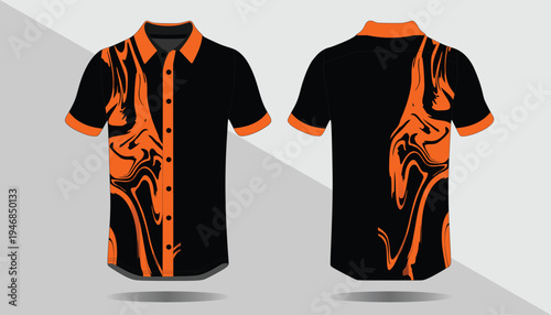 Black and orange printed polo shirt.