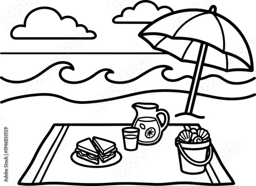 Black and white line art picnic setup with umbrella sandwich lemonade bucket by the ocean waves and clouds seaside beach scene