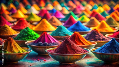Vibrant Hues of Powdered Pigments in Conical Mounts, Displayed in Gleaming Metallic Bowls, Showcase a Spectrum of Intense Colors, Creating a Visually Stunning and Captivating Display.