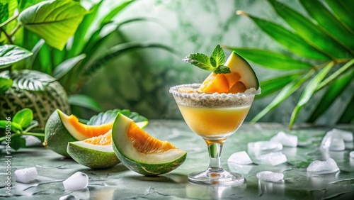 Refreshing Summer Melon Cocktail with Sugar Rim and Mint Garnish