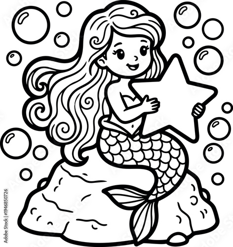 Cute mermaid sitting on rock holding star underwater with bubbles surrounding in black line art style