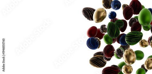 Artistic rendering of various textured and colored egg-shaped forms against a clean white backdrop, creating a modern de