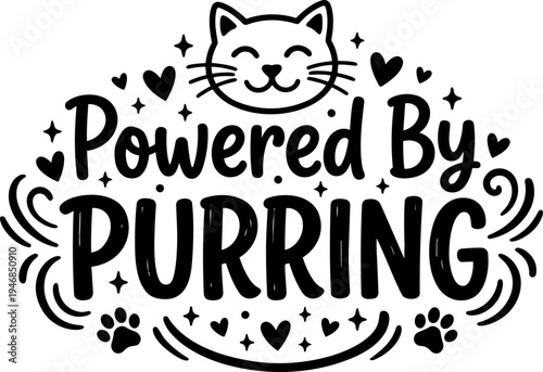 Cute smiling cat face with powered by purring lettering surrounded by hearts stars paws and decorative swirls