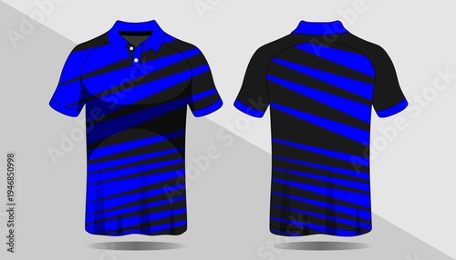 Blue and black striped polo shirt.