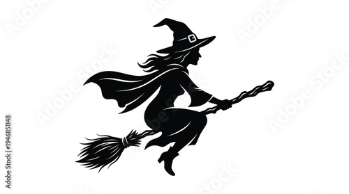 A striking black silhouette of a classic witch flying on her broomstick, perfect for Halloween decorations, party invites, or spooky holiday designs. Mysterious and enchanting.