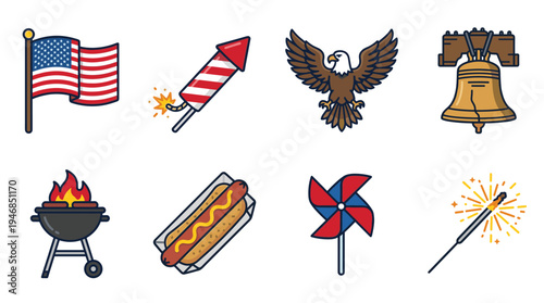 Vibrant vector icons depicting American patriotism and summer celebrations. Features USA flag, eagle, Liberty Bell, fireworks, grill, hotdog, sparkler, and pinwheel. Ideal for holiday designs.