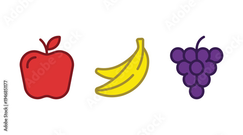 Vibrant vector icons featuring apple, banana, and grapes. Perfect for promoting health, food concepts, educational content, or adding a fresh touch to digital and print designs.
