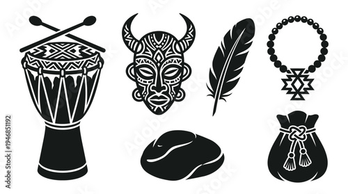 Vector illustration set of tribal African and spiritual symbols like a drum, mask, feather, necklace, stone, and pouch. Ideal for cultural designs, logos, and web elements. Black silhouettes.